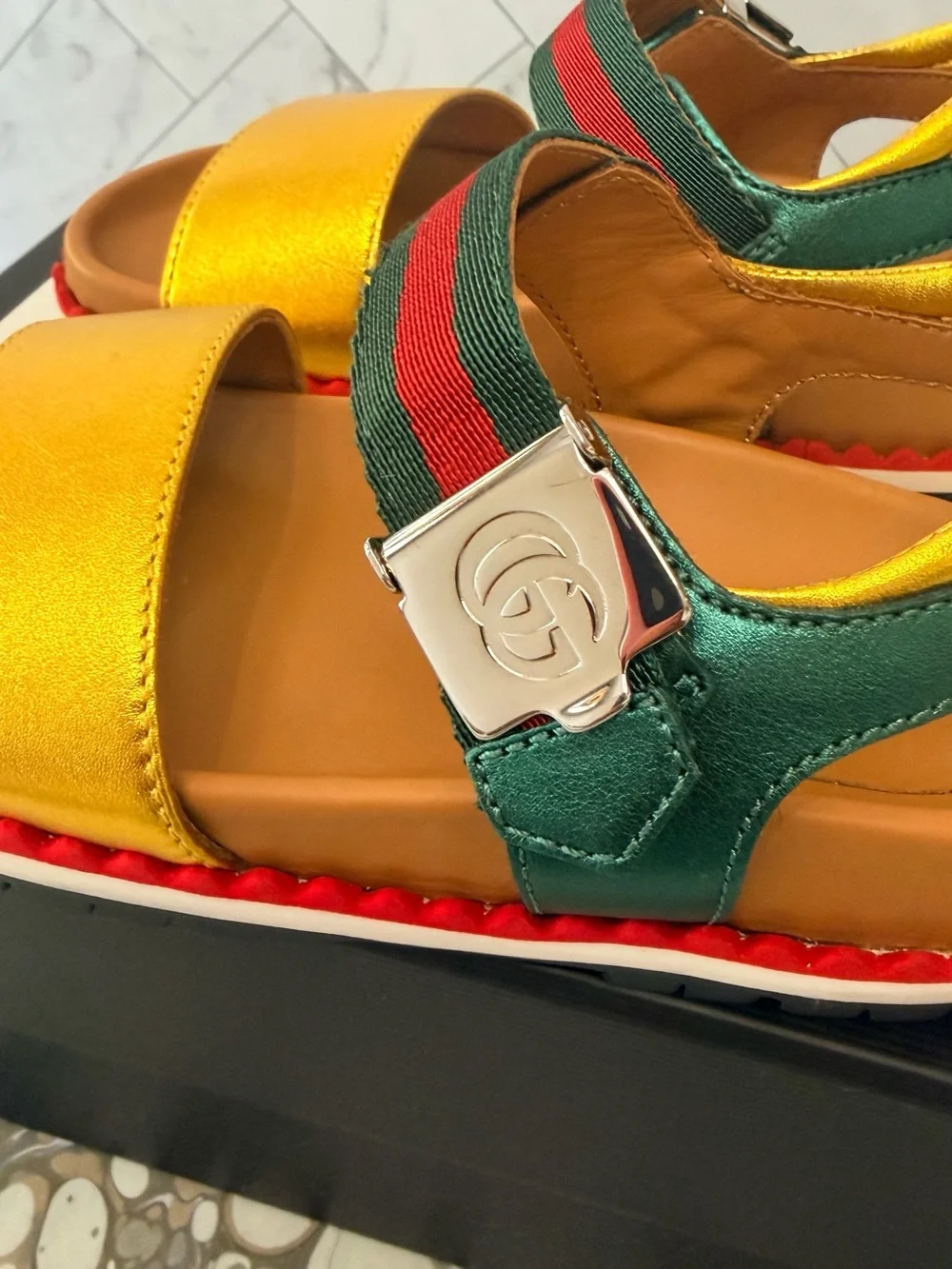 GUCCI KIDS Metallic Yellow & Green Sport Sandals